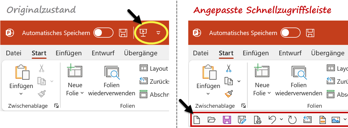 Die Symbolleiste für den Schnellzugriff befindet sich links oben in der Titelleiste und enthält standardmäßig nur wenige Befehle. Erweitern Sie diese und ordnen Sie die Leiste unter dem Menüband an.