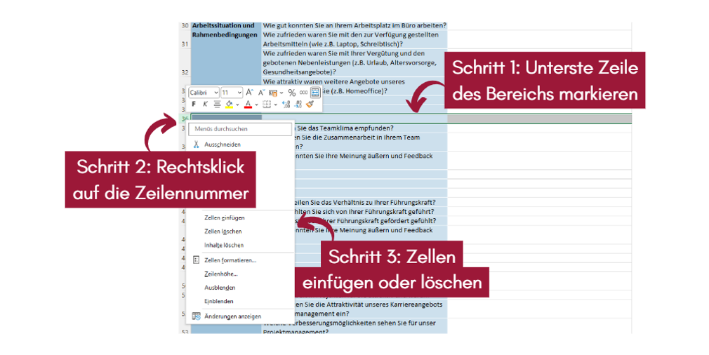 Mit nur wenigen Klicks können Sie in der Excel-Vorlage neue Fragen ergänzen oder überflüssige Zeilen entfernen