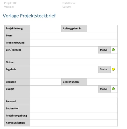 Leere Vorlage des Projektsteckbriefs in Microsoft Word