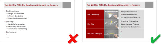 Mit der linken Folie gewinnen Sie keinen Blumentopf, mit der rechten führen Sie die Zuschauer gezielt durch Ihre Informationen