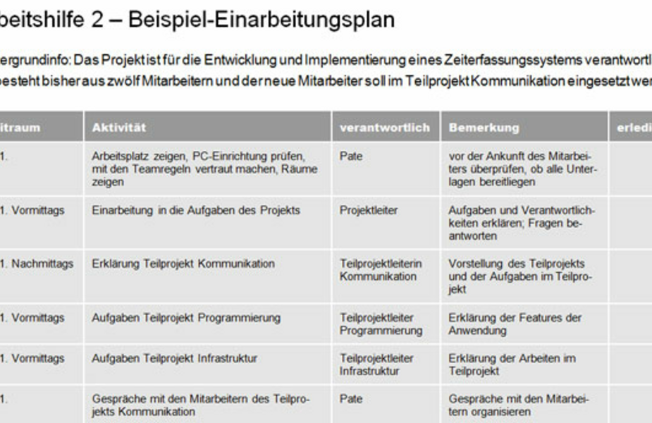 Beispiel für Einarbeitungsplan eines neuen Mitarbeiters